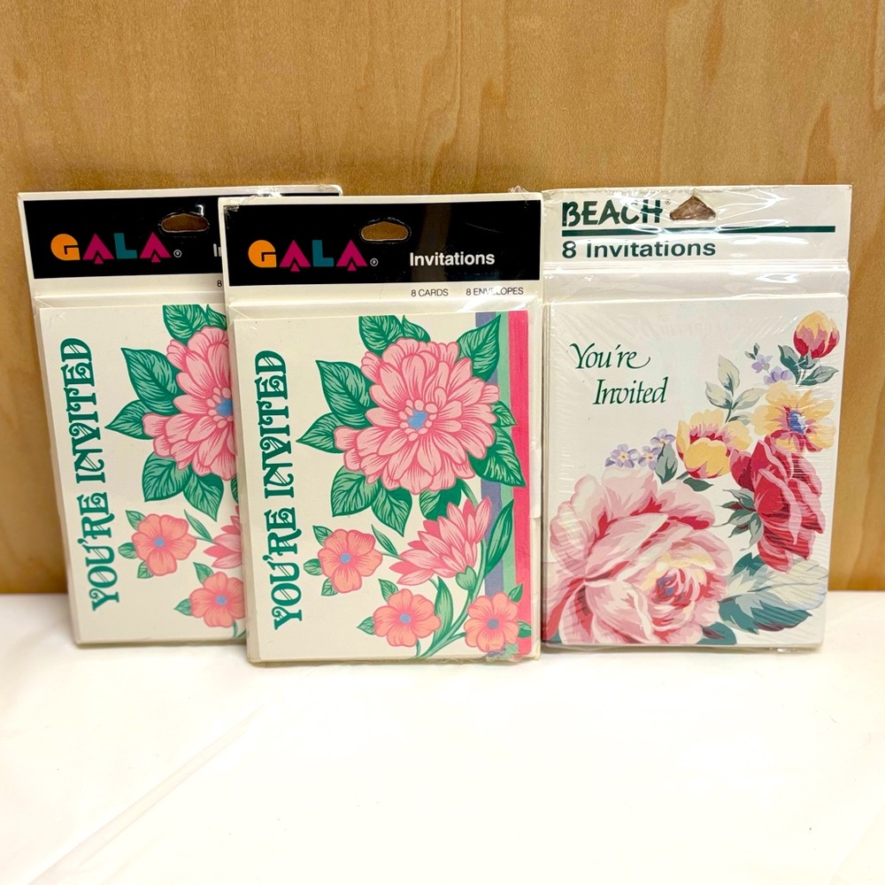 Vintage Invitations Cards Pink Floral Pastel NOS Card Envelope Party